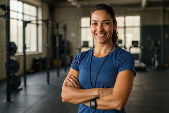 Confident female gym trainer smiling.