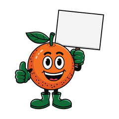 Create a cartoon illustration of a cheerful orange fruit character with big, expressive eyes and a wide smile. The orange has green gloves, green boots, and a green leaf stem on top of its head.