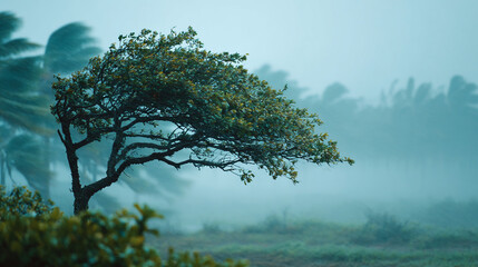 Lone tree bending in the wind on a foggy day landscape.