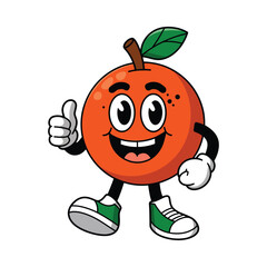 A cheerful cartoon orange character with big, expressive eyes smiling widely Orange has two legs and two arms