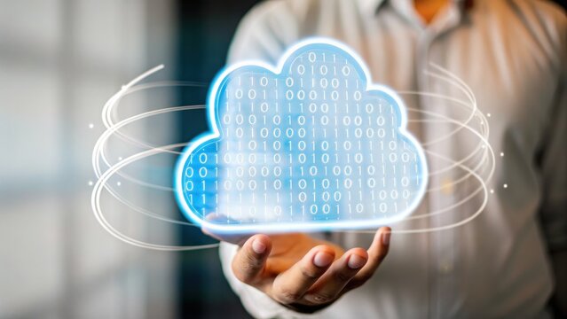 A glowing digital cloud with binary code floats above a person's open hand, symbolizing cloud computing and data storage. - Powered by Adobe