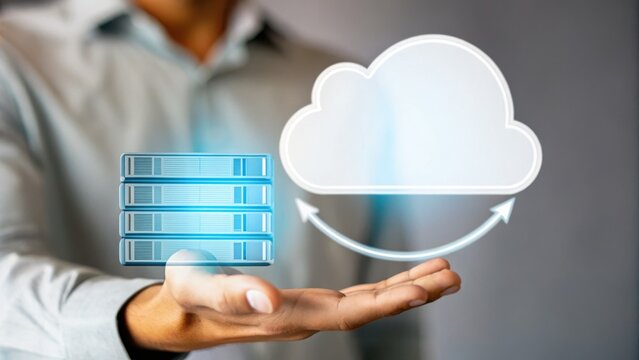 A person presents digital icons of a server and cloud, representing cloud computing and data storage technology.