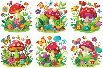 Naklejka premium colorful mushroom illustrations with flowers and butterflies