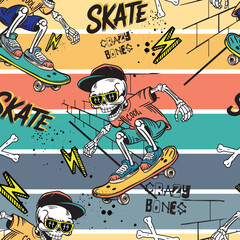 Cartoon bright pattern with skeletons on skateboard. for T-shirts, textiles, clothes, wrapping paper , and more