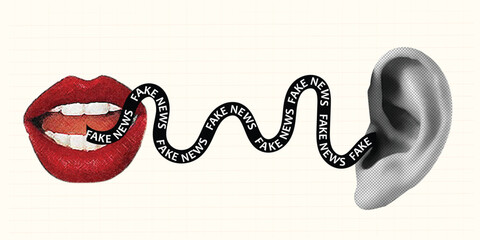 Fake news trendy vintage collage conception. Halftone lips to ear fake news flow . Elements for banners, poster, sosial media. Vector.
