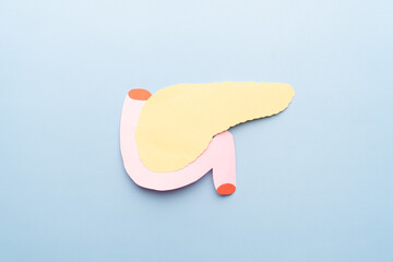 Pancreas organ shape made from paper on light blue background. Awareness of pancreatitis, pancreatic cancer and  diabetes mellitus.