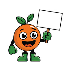 A happy, cartoon orange character with big, expressive eyes, a smiling mouth, and green gloves and boots.
and is holding a blank white sign with one hand while giving a thumbs-up with the other.
