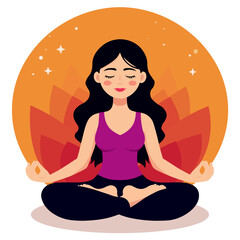 Young girl doing yoga, meditating in lotus position. Flat minimalistic vector illustration.