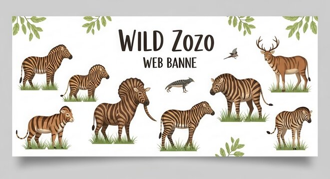 Wild Zozo web banner with hand drawn safari animals, collection of zebra and deer illustrations, horizontal wildlife banner for nature websites