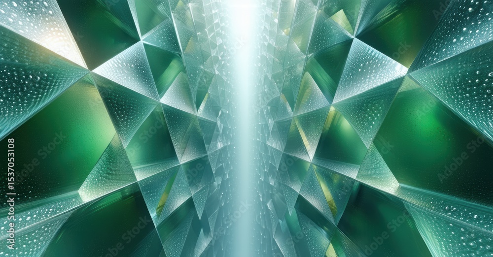 Poster abstract geometric shapes, teal hues, bright central light source. water droplets add texture, creat