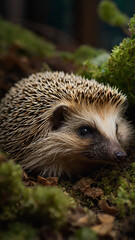 Fototapeta premium Hedgehog Resting in Leaf-Covered Forest Burrow with Warm Light