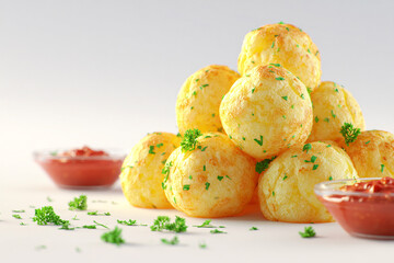A photorealistic Brazilian pão de queijo with golden cheesy bread balls