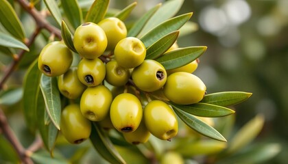 Fototapeta premium Vibrant green olives on a branch with leaves, isolated , plant, greenery