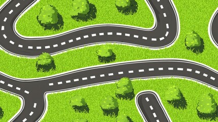 Curved Road on Grass Vector Illustration with Lush Greenery