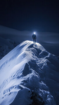 Fototapeta Mountaineer illuminated by headlamp walking on snowy ridge at night