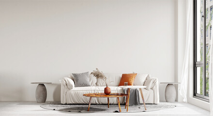 Home and decor and modern living room interior design and minimal sofa and side table decoratin and empty white wall background. 3D rendering.
