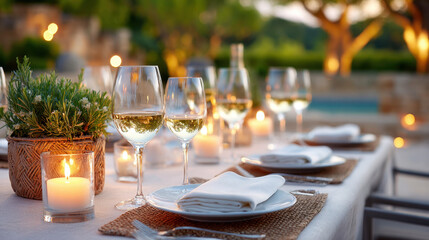 Elegant outdoor summer dinner table set with white wine glasses, candles, and neatly folded napkins creating warm inviting atmosphere