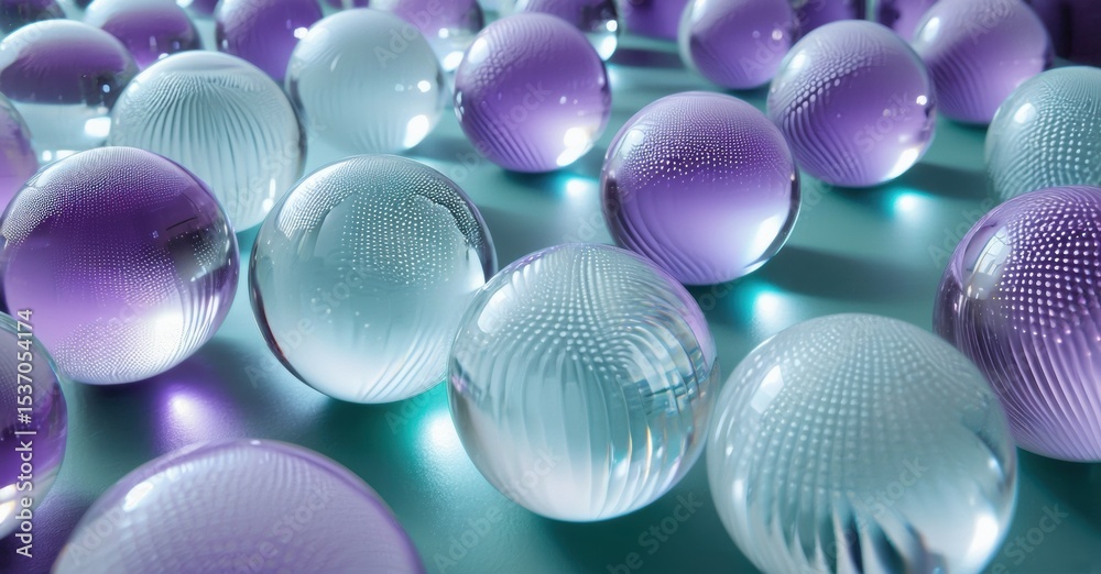 Poster spheres, purple, teal surface. reflective orbs create abstract pattern, light plays across textured 