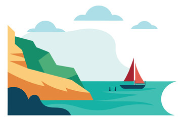 Naklejka premium Colorful Illustration Coastal Cliff, Sailboat on the Water, Clouds in the Sky