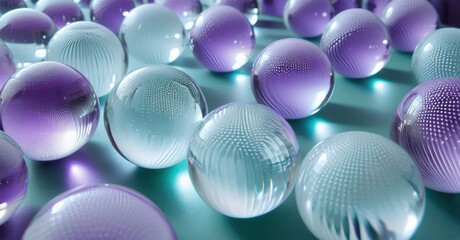 Fototapeta premium Spheres, purple, teal surface. Reflective orbs create abstract pattern, light plays across textured glass forms. Minimalist composition.