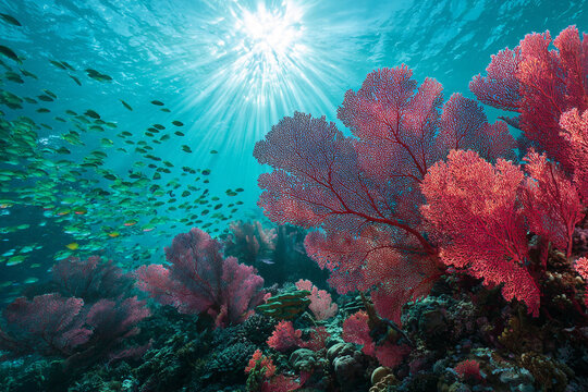 A photorealistic underwater scene in Raja Ampat with bright red fan corals