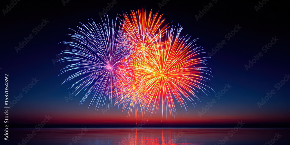 Poster spectacular colorful fireworks display with red and blue bursts lighting up night sky over calm wate