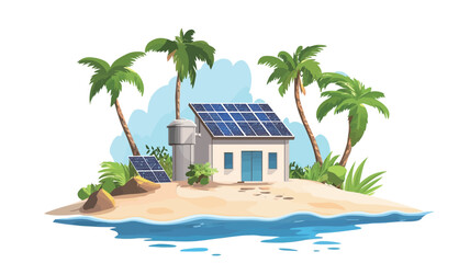 A digital illustration depicting a small, white house situated on a tropical island. The house features solar panels on its roof and a smaller solar panel near a water tower.