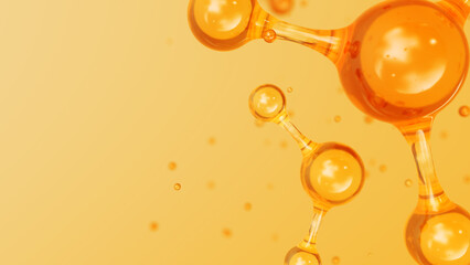 3d Abstract golden glass molecular structures. Cosmetic collagen serum, essence oil, vitamin, hyaluronic acid for skin care. Healthcare concept