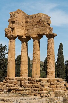 Ruins Temple of the Dioscuri (Gastor and Pollux) in  Agrigento city on Sicily island. Unesco World Heritage Site. Italy. Europe.