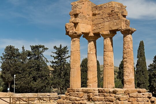 Ruins Temple of the Dioscuri (Gastor and Pollux) in the Valley of the Temples, Agrigento city on Sicily island. Unesco World Heritage Site. Italy. Europe.