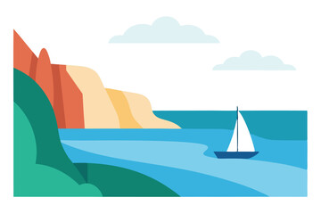 Naklejka premium Sailboat Near Coastal Cliffs Art, Calm Blue Waters and Clouds Above