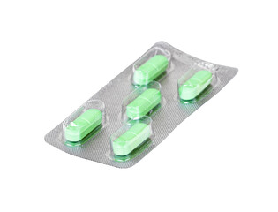 Green pills, closeup object. Isolated on transparent background