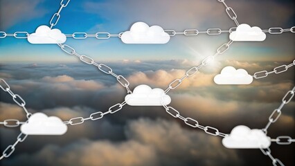 Chains connecting cloud icons over a sky filled with real clouds, symbolizing cloud computing, security, and interconnected networks.