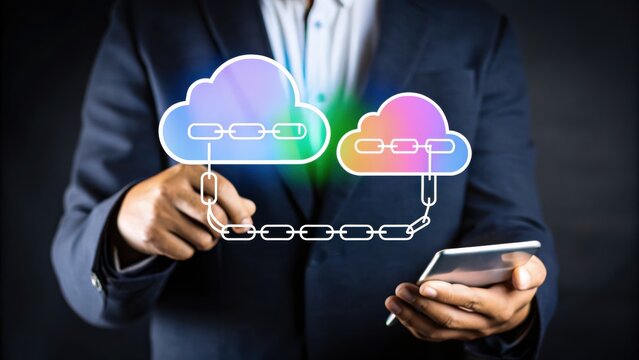 A businessperson uses a tablet, with digital cloud and blockchain icons connected by chains, symbolizing secure cloud technology.