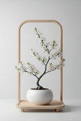 Elegant White Blossom Bonsai Tree in Minimalist Wooden Frame