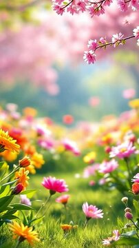Vibrant Spring Meadow with Blooming Flowers, Colorful Nature Garden in Soft Sunlight, Easter and Mother's Day Concept