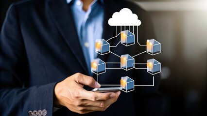 A businessman uses a smartphone with a digital graphic representing cloud computing and blockchain technology.