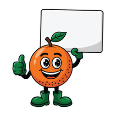 Create a cartoon illustration of a cheerful orange fruit character with big, expressive eyes and a wide smile. The orange has green gloves, green boots, and a green leaf stem on top of its head.