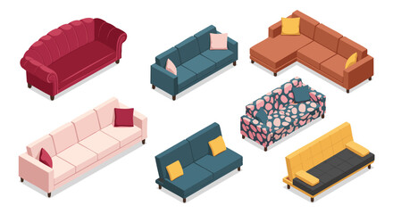 Obraz premium Isometric View of Modern and Vintage Sofas Vector illustration Pack png Diverse Styles, Colors, and Designs for Home Decor
