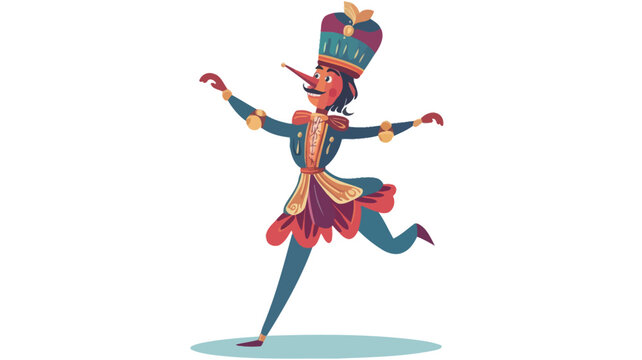 A digital illustration of a cartoon nutcracker figurine, dynamically posed mid-dance. The figurine is depicted in vibrant colors, wearing a traditional nutcracker costume with a tall hat,