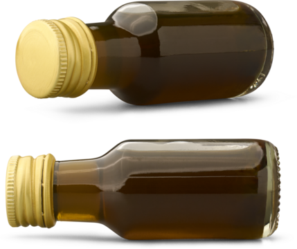 set of small herbal oil bottles isolated white background, glass material container dark brown medicinal or ayurvedic liquid with metallic gold colored screw cap, mock-up template 