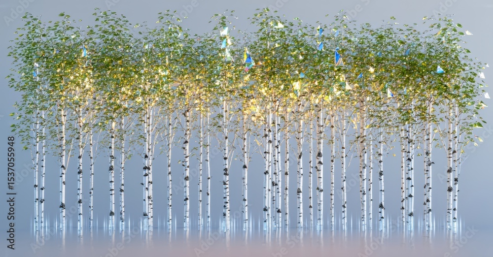 Poster birch forest scene. trees rise from misty water. light filters through foliage, creating ethereal gl