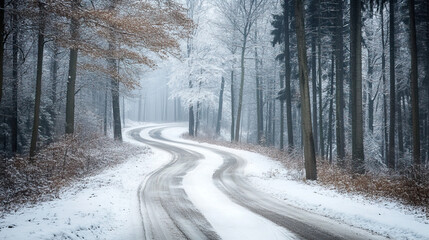 Obraz premium Snow-covered winding road through forest in deep winter fog