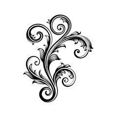 Black and White Flourishing Vine Swirl Silhouette Isolated on White Background Elegant Ornate Design Element