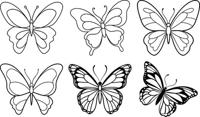 Silhouettes of butterflies. Monochrome Insect butterfly black winged gorgeous insect set isolated vector illustration
