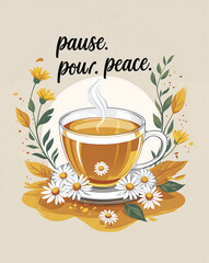 Enjoying a warm cup of tea surrounded by flowers while reflecting on peace in a calming atmosphere