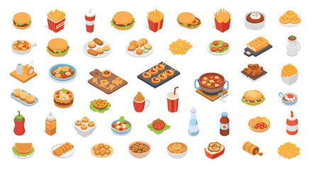 Isometric Flat-Lay Illustration of Diverse Fast Food and Restaurant Dishes Vector illustration Pack png Burgers, Fries, Soups, Appetizers, and Drinks