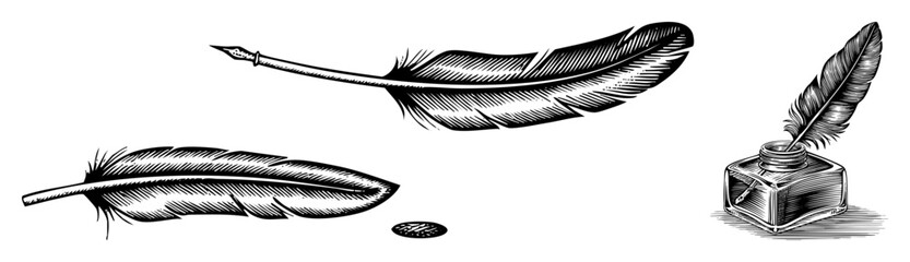 Vector Vintage quill pens and inkwell set in engraved style.