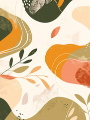 Colorful abstract shapes and organic forms create a harmonious design with leaves and curves in warm tones