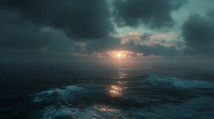 Stormy ocean with sunlight breaks through clouds.